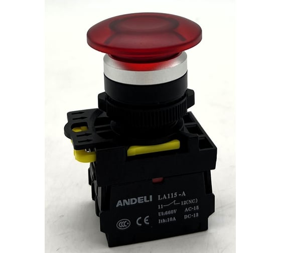Кнопка ANDELI LA115-A5-11MD/14 Грибок красный 1НО+1НЗ AC220V(LED) ADL10-354