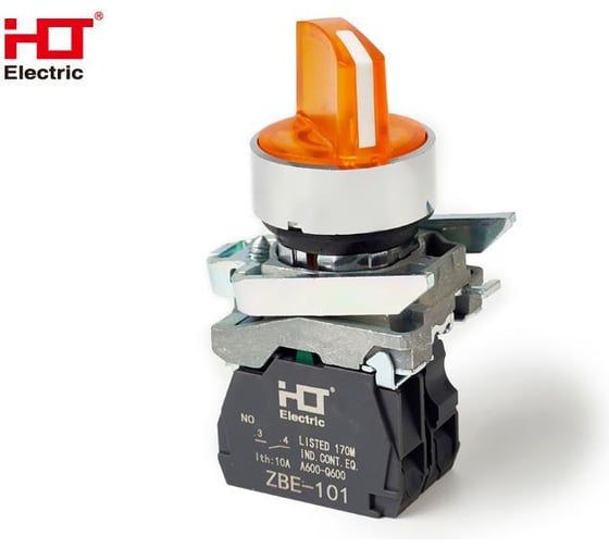 Переключатель HLT XB4-BК3565 на 3 положения желтый с подсветкой с фиксацией 1NO+1NC, 24V AC/DC, IP65 (20шт./уп.) 085-14-242