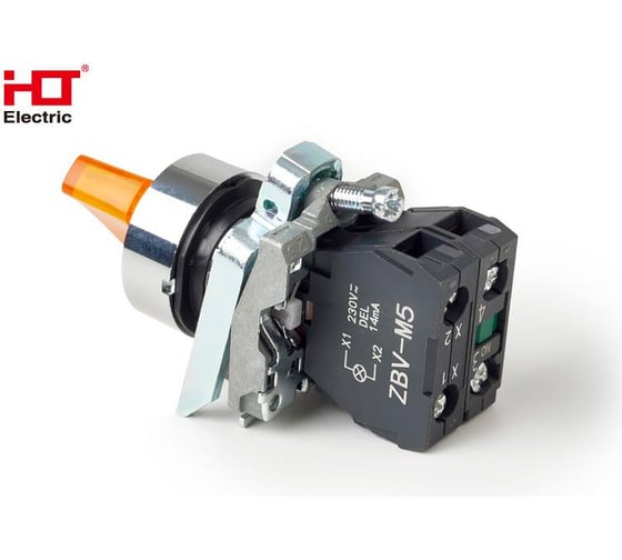 Переключатель HLT XB4-BК3565 на 3 положения желтый с подсветкой с фиксацией 1NO+1NC, 24V AC/DC, IP65 (20шт./уп.) 085-14-242
