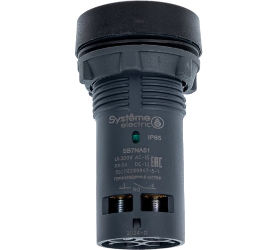 Кнопка Systeme Electric SB7 моноблочная, 22мм, черная, с возвратом, пластик, 1НО, IP65 SB7NA51