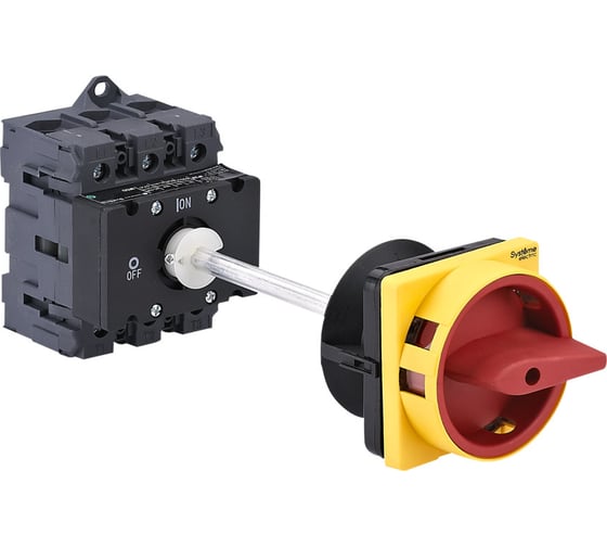 Выключатель-разъединитель Systeme Electric 3P, 100A, IP20, с красной выносной рукоятной на дин-рейке/плате с замком MSD100340R 1