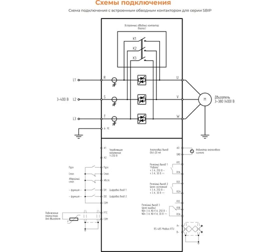 Устройство плавного пуска INSTART 200квт|400A| (SBIP-200/400-04), 3 ~ 342-440В, IP00, Modbus RTU, сьемная панель, русскоязычное меню, встроенный обводной контактор 00048300