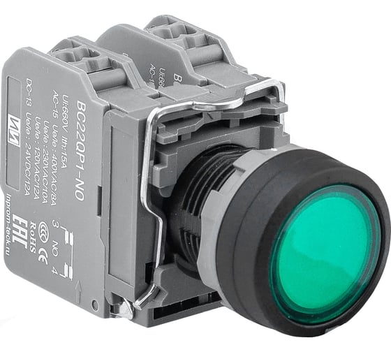Кнопка Инпром Инновации BN22QP1-P/G NO+LED с подсветкой 230В, зеленая bn10040