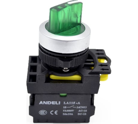 Переключатель ANDELI с подсветкой с фиксацией 1NO 1NC LA115-A5-11XD/G зеленый LED 220В артикул ADL10-203