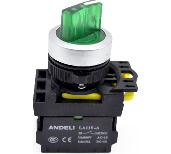 Переключатель ANDELI LA115-A5-11XD/G с подсветкой, с фиксацией, зеленый, LED, 220В ADL10-203