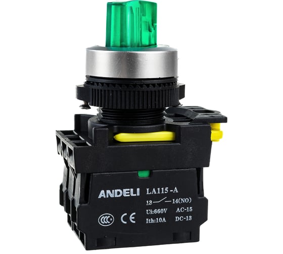 Переключатель ANDELI LA115-A5-11XD/G с подсветкой, с фиксацией, зеленый, LED, 220В ADL10-203