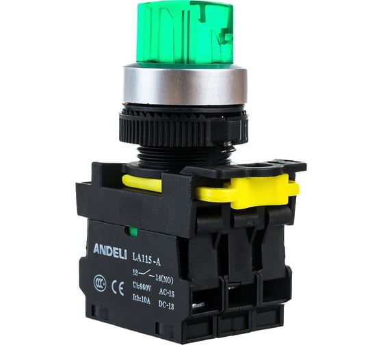 Переключатель ANDELI LA115-A5-11XD/G с подсветкой, с фиксацией, зеленый, LED, 220В ADL10-203