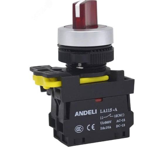 Переключатель поворотный с подсветкой с фиксацией красный ANDELI 1NO 1NC плоская кнопка LA115-A5-11XD/R 220В артикул ADL10-206 1