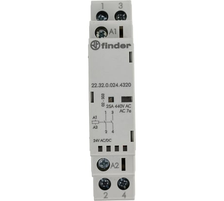 Модульный контактор Finder 2 NO, Механический индикатор + Светодиод Контакты AgSnO2, 223200244320