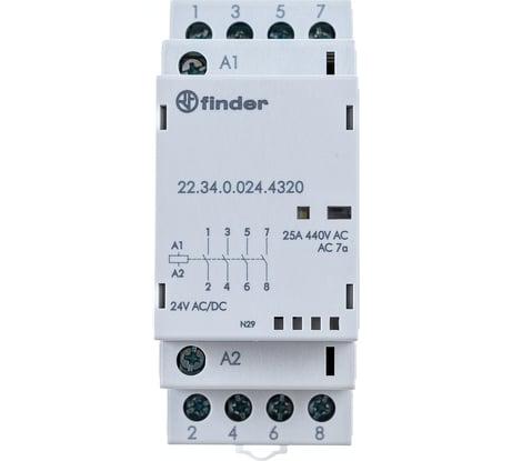 Модульный контактор Finder 4 NO, Механический индикатор + Светодиод Контакты AgSnO2, 223400244320