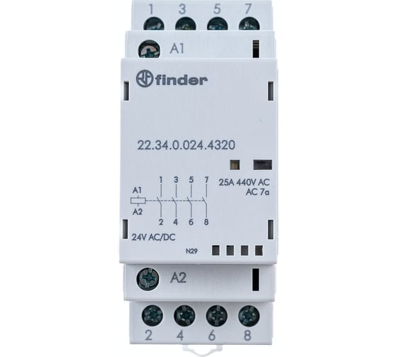 Модульный контактор Finder 4 NO, Механический индикатор + Светодиод Контакты AgSnO2, 223400244320