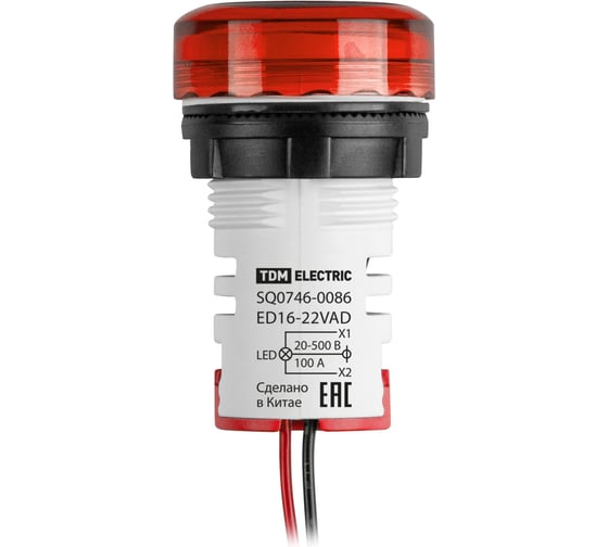 Индикатор значения напряжения TDM ELECTRIC и тока ED16-22VAD d22мм 20В-500В 100А упаковка 5 штук красный SQ0746-0086