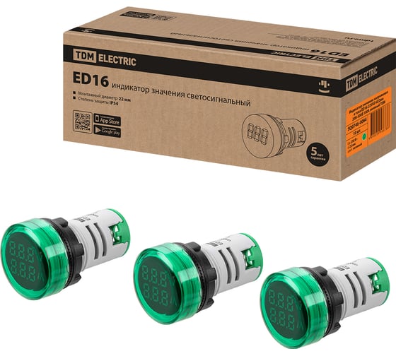Индикатор значения напряжения TDM ELECTRIC и тока ED16-22VAD d22мм 20В-500В 100А упаковка 5 штук зеленый SQ0746-0084 1