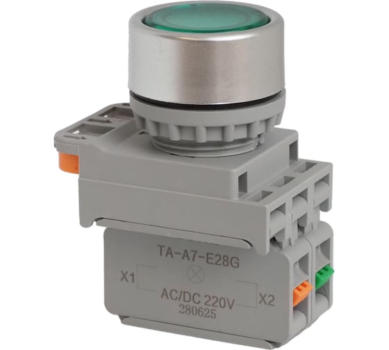 Кнопка CONTA TA-A7-JP10F-D-G/220-FP20-5, зеленая, металл, с подсветкой, NO, 22 мм (упак 5шт) 00-00013339 1
