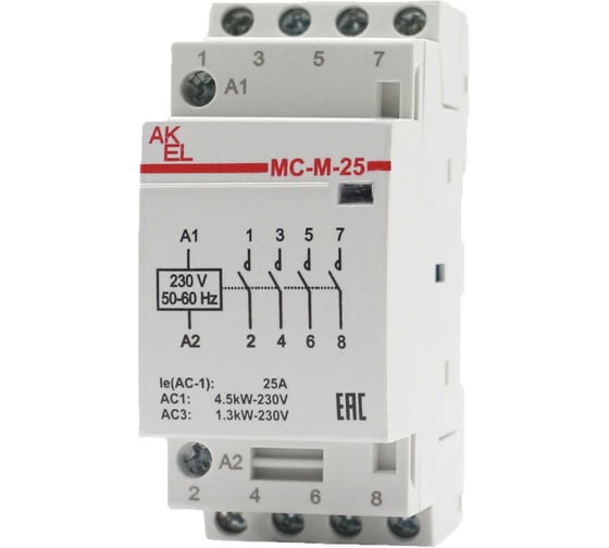 Контактор модульный Akel ВА47-МС-М-2-25-40 2 модуля 4NO/25A/230VAC 401213 1