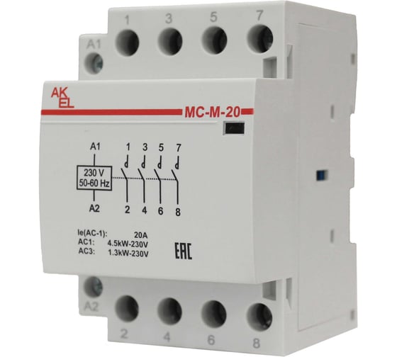 Контактор модульный Akel ВА47-МС-М-3-20-40 3 модуля 4NO/20A/230VAC 401230 1