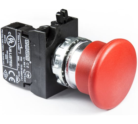 Кнопка EMAS Грибок 40мм (1НЗ), без фиксации, красный цвет, серия CM (250В AC, 4А), IP65 CM200MK 1