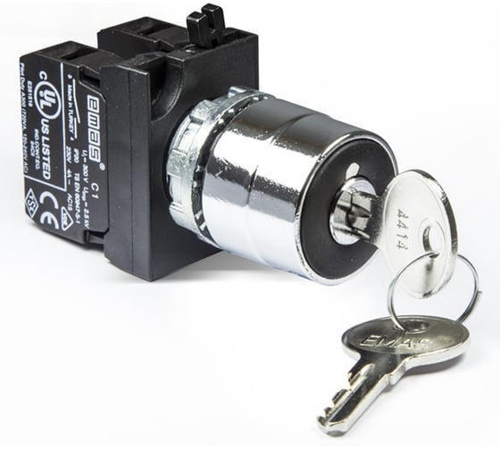 Кнопка с ключом EMAS 2-0-1 (1НО+1НО), возврат из двух положений, ключ извлекается в положении 0, серия CM (250В AC, 4А), IP65 CM101AA32 1