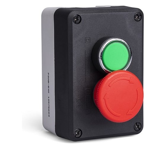 Пост управления Emas 2 кнопки (зелёная 1НО, аварийная Грибок 40мм 1НЗ), черный-серый цвет, cерия P, пластиковый корпус (250В AC, 4А), IP65 P2ABE40 1