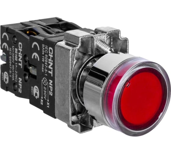 Кнопка управления CHINT NP2-BW3462 плоская, красная, 1НЗ, AC/DC230В (LED), IP40 (R) (уп. 10 шт.) 575421