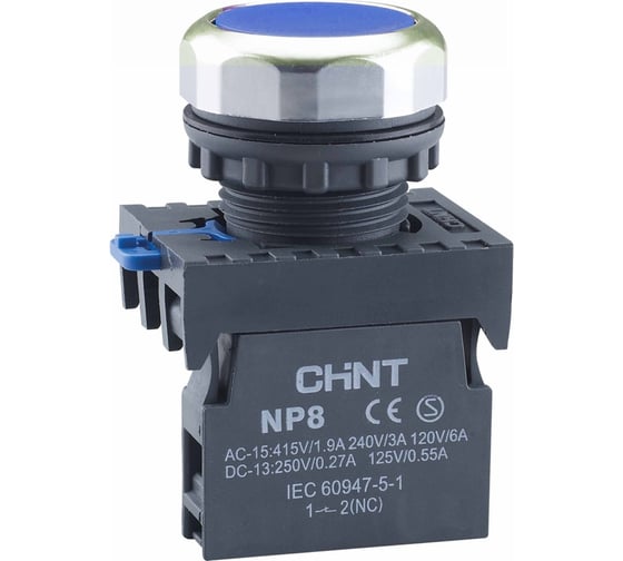 Кнопка управления CHINT NP8-11BND/6 подсветка, самовозвратная, синий, AC110-230В(LED), 1НО+1НЗ, IP65 (R) (уп. 10 шт.) 667550