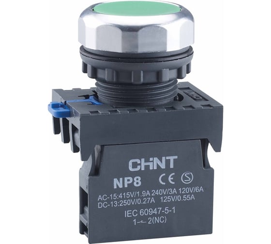Кнопка управления CHINT NP8-02BND/3 подсветка, самовозвратная, зеленый, AC110-230В(LED), 2НЗ, IP65 (R) (уп. 10 шт.) 667586