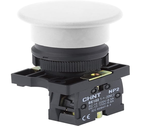 Кнопка управления Грибок CHINT NP2-EC12 Φ40мм самовозвратная без подсветки, белая 1НЗ, IP40 (R) (уп. 10 шт.) 576002