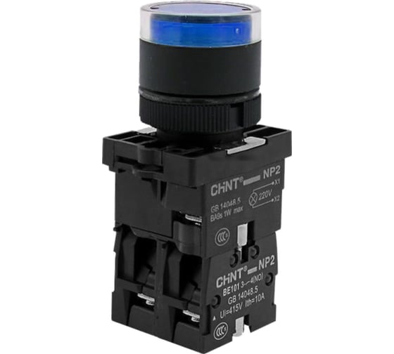 Кнопка управления CHINT NP2-BW3661 плоская синяя, 1НО, AC/DC230В(LED), IP40 (R) (уп. 10 шт.) 574695