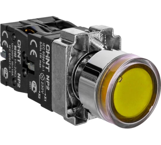 Кнопка управления CHINT NP2-BW1561 выступающая, желтая, 1НО, AC/DC230В (LED), IP40 (R) (уп. 10 шт.) 575779