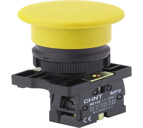 Кнопка управления Грибок CHINT NP2-EC52 Φ40мм самовозвратная без подсветки, желтая 1НЗ, IP40 (R) (уп. 10 шт.) 574094
