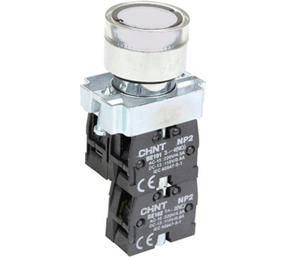 Кнопка управления CHINT NP2-BW3165 плоская, белая, 1НО+1НЗ, AC/DC230В (LED), IP40 (R) (уп. 10 шт.) 575724