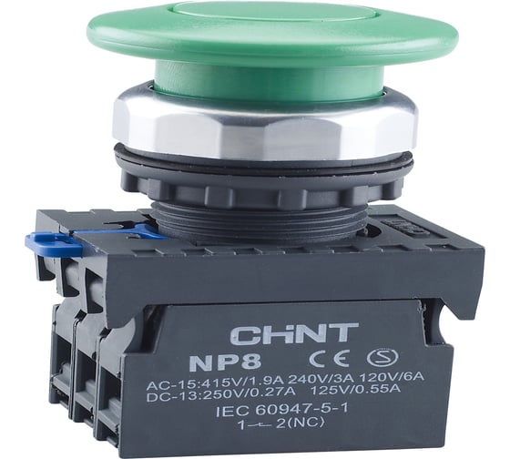 Кнопка управления Грибок CHINT NP8-01M/23 Φ60мм без подсветки, самовозвратная, зеленый, 1НЗ, IP65 (R) (уп. 6 шт.) 578654