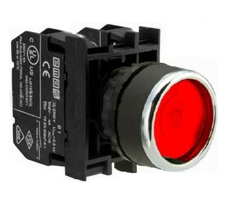 Кнопка с фиксацией и светодиодной подсветкой Emas красная 2НО B1K1FK