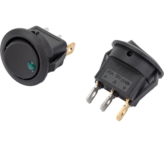 Круглая клавиша Nord-Yada 12V 20А черная с зеленой LED подсветкой (3контакта) ON-OFF (2шт в упаковке) 905475 1