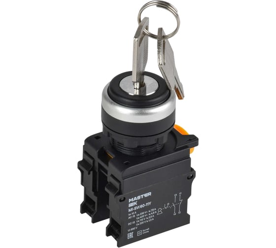 Переключатель IEK с ключом 2 положения 1NO+1NC чёрный MASTER MI-SW60-11Y-3-34-2-K02