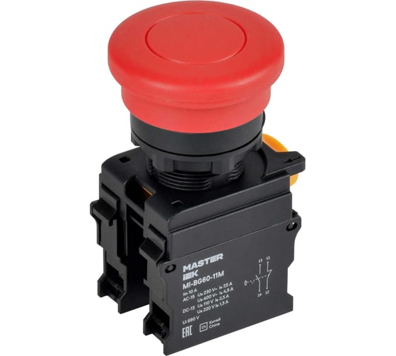 Кнопка IEK Грибок без фиксации d22мм 1NO+1NC красная MASTER MI-BG60-11M-3-21-K04