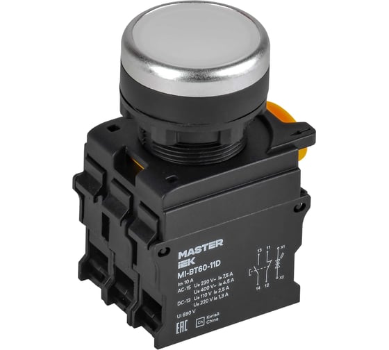 Кнопка IEK с подсветкой d=22мм 1NO+1NC белая MASTER MI-BT60-11D-3-12-K01