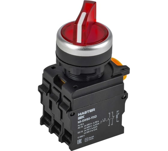 Переключатель IEK с подсветкой 2 положения 1NO+1NC красный MASTER MI-SW60-11XD-3-14-2-K04
