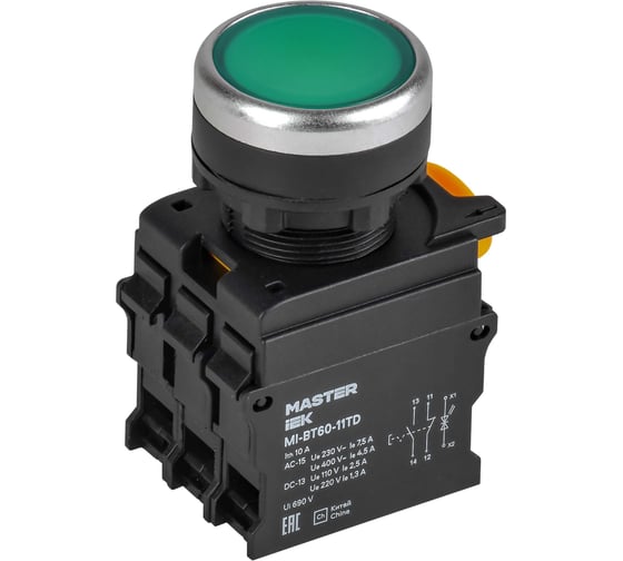 Кнопка IEK с подсветкой и фиксацией d=22мм 1NO+1NC зелёная MASTER MI-BT60-11TD-3-11-K06