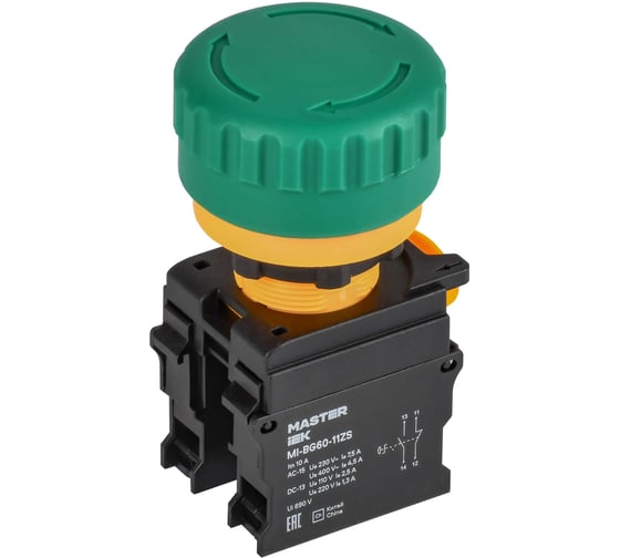 Кнопка IEK Грибок поворотная с фиксацией 1NO+1NC зелёная MASTER MI-BG60-11ZS-3-23-K06