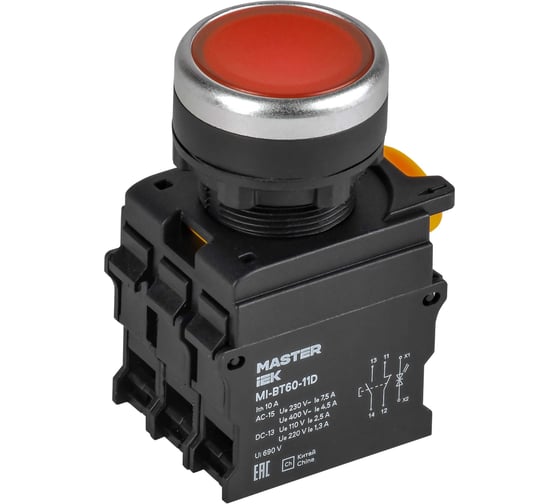Кнопка IEK с подсветкой d=22мм 1NO+1NC красная MASTER MI-BT60-11D-3-12-K04