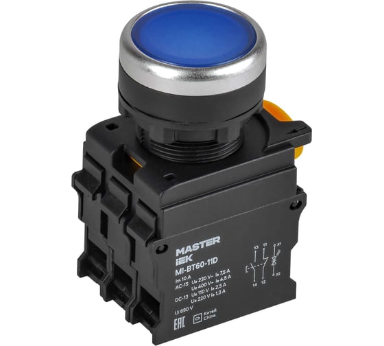 Кнопка IEK с подсветкой d=22мм 1NO+1NC синяя MASTER MI-BT60-11D-3-12-K07