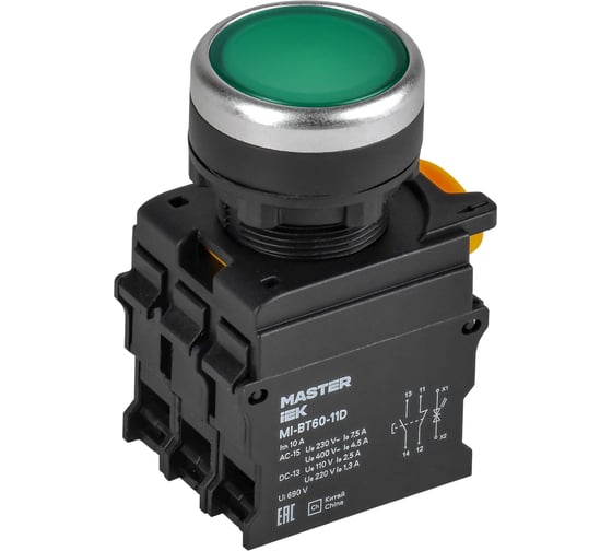 Кнопка IEK с подсветкой d=22мм 1NO+1NC зелёная MASTER MI-BT60-11D-3-12-K06