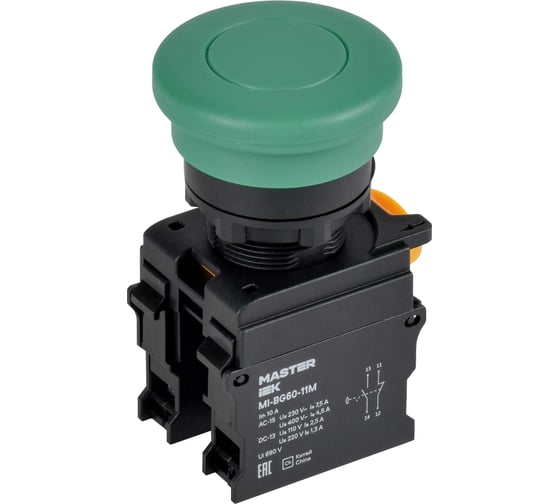Кнопка IEK Грибок без фиксации d22мм 1NO+1NC зелёная MASTER MI-BG60-11M-3-21-K06