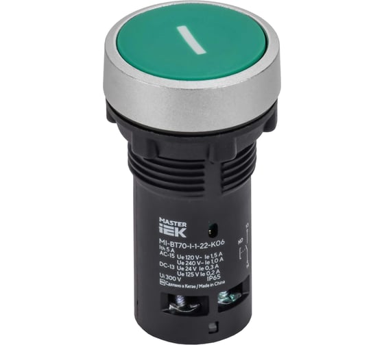 Кнопка IEK IP65 с маркировкой I моноблок 1NO зеленая MASTER MI-BT70-I-1-22-K06