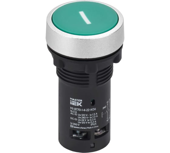 Кнопка IEK IP65 с маркировкой I моноблок 2NO зеленая MASTER MI-BT70-I-4-22-K06