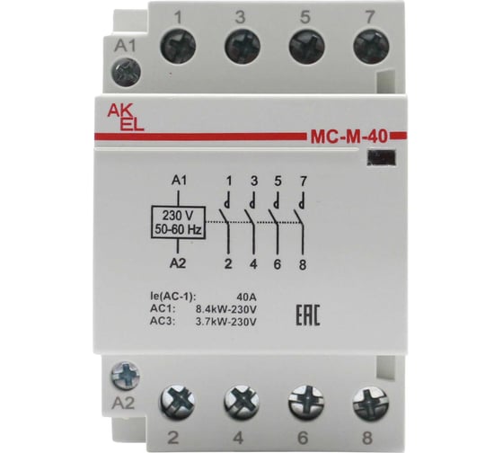 Контактор модульный AKEL ВА47-МС-М-3-40-40 3 модуля 4NO/40A/230VAC 401239
