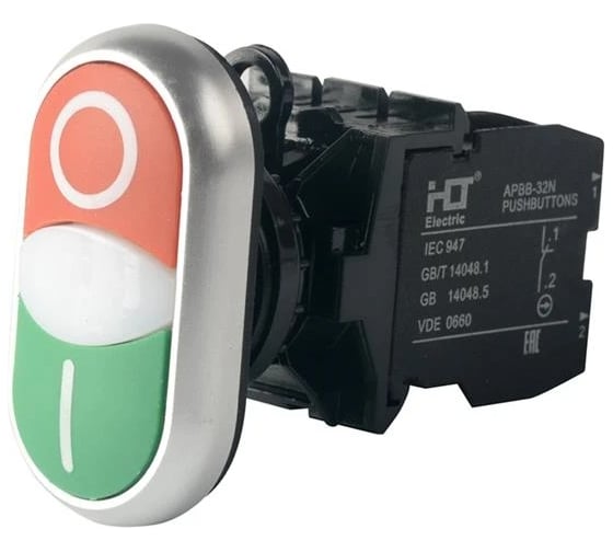 Кнопка HLT APBB-32N красно-зеленая I-O с подсветкой 24В DC 1з+1р (уп./10 шт) 085-07-304
