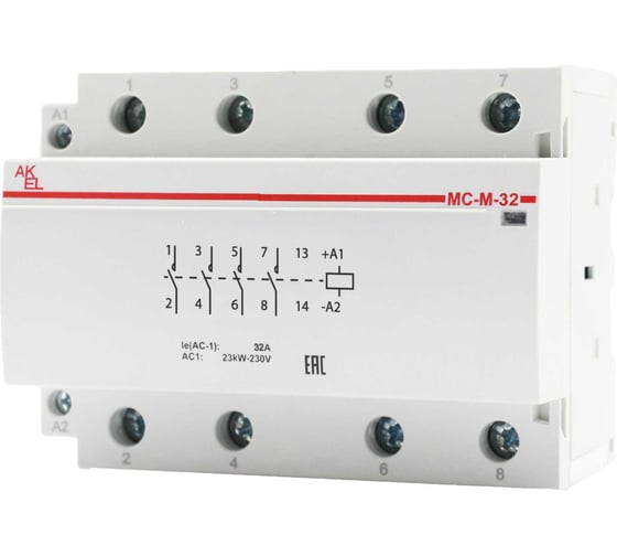 Контактор модульный Akel ВА47-МС-М-3-32-40 3 модуля 4NO/32A/230VAC 401236