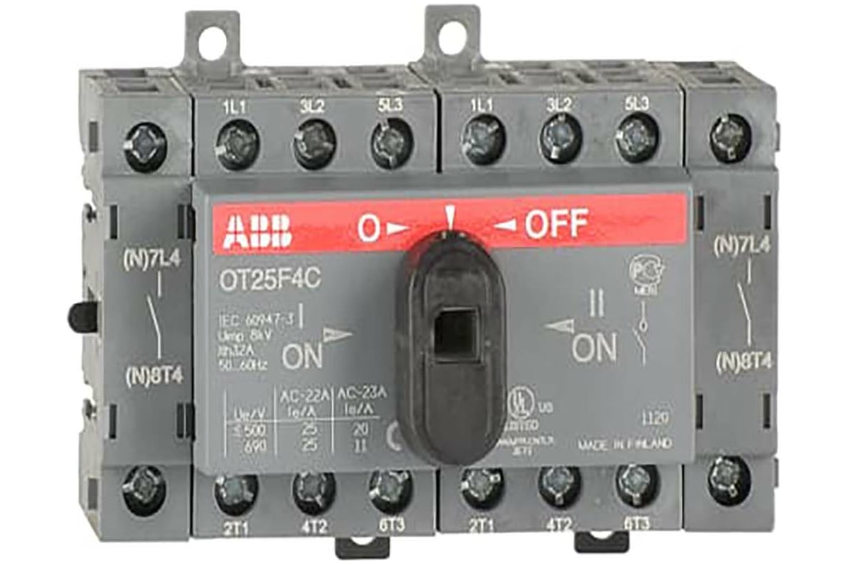 Реверсивный 4х-полюсный рубильник ABB OT25F4C до 25A для установки на  DIN-рейку или монтажную плату 1SCA104877R1001 - выгодная цена, отзывы,  характеристики, фото - купить в Москве и РФ